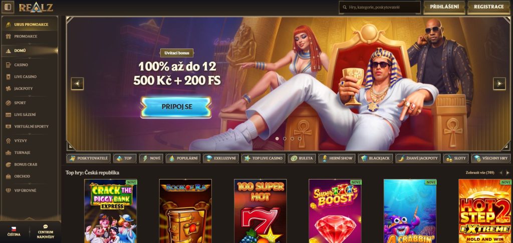 Realz Casino nabízí vícestupňový uvítací balíček až do výše 200 % a 100 free spinů s možností týdenních reload bonusů